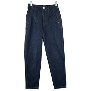 Zara Womens High Waisted Tapered Jeans Trouser Dark Blue Front Pocket Size Small